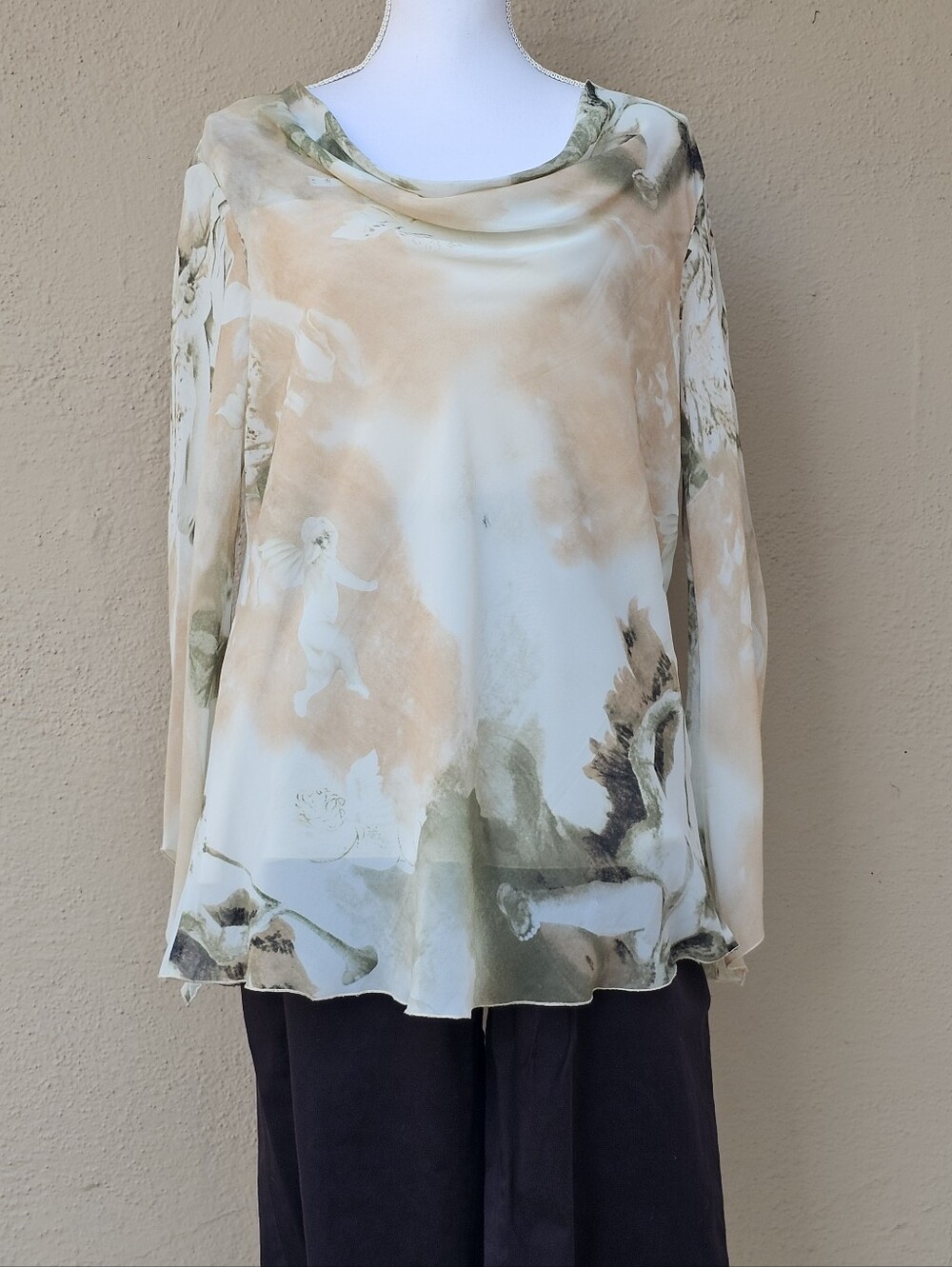 X-Quisite Cowl Neck Sheer Draped & Flowy Top Sz XL Ethereal Cherub Watercolor